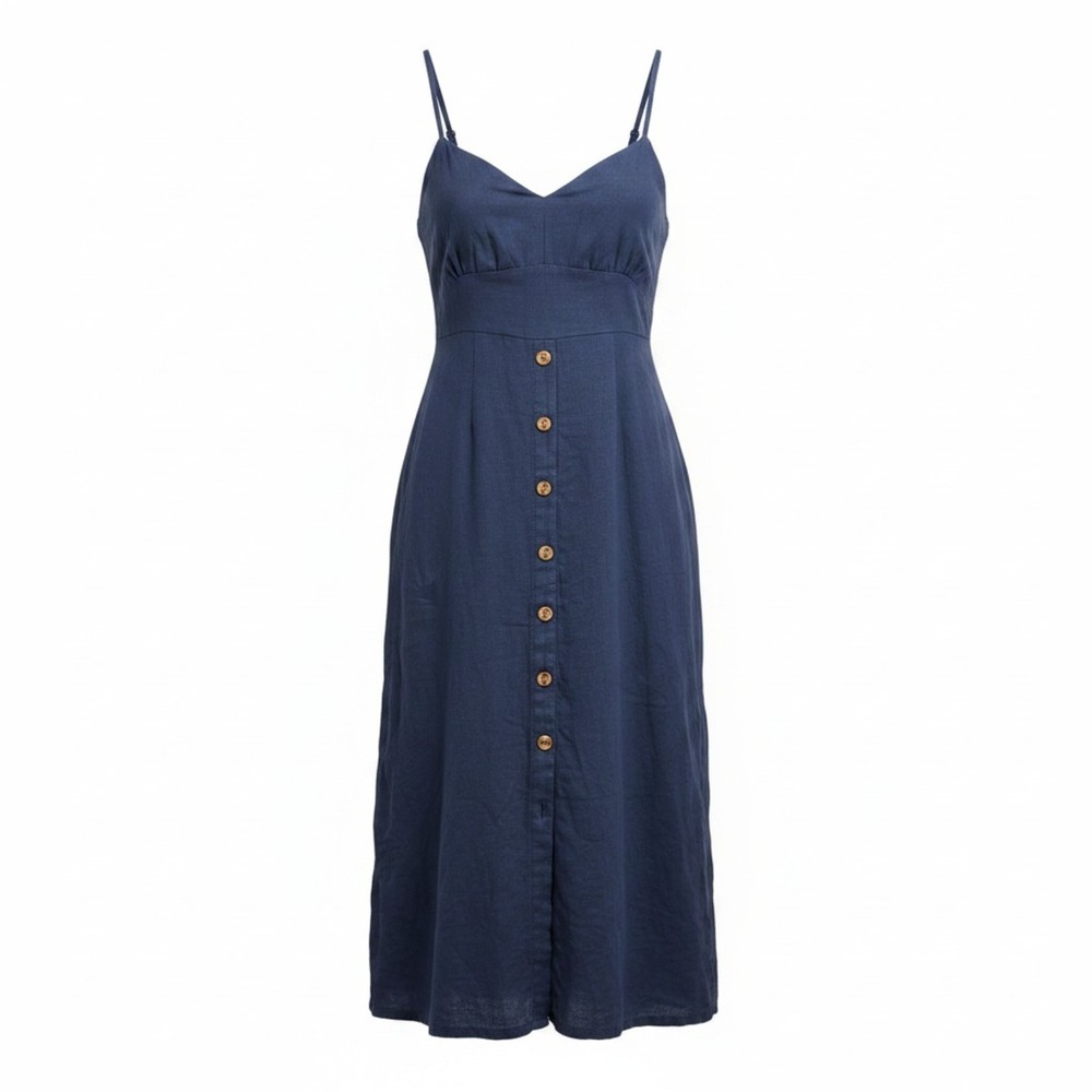Faithfull the Brand Tank Dress Women 4 Blue Charlotte Linen Midi Smocked ALTERED